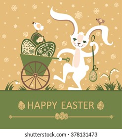 Easter bunny with pushcart Easter eggs. Beautiful spring card.