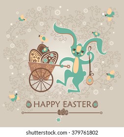 Easter bunny with pushcart Easter eggs. Beautiful spring card.