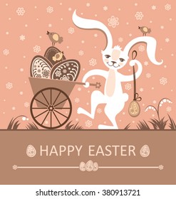 Easter bunny with pushcart Easter eggs. Greeting card.