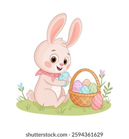 Easter bunny puts eggs in a basket. Hand drawn trendy flat style isolated icon. Rabbit or hare looking for eggs in a meadow with flowers, spring festive animal holiday character. Vector illustration