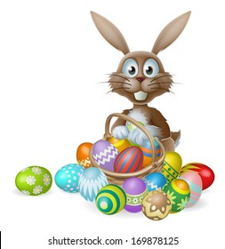 An Easter bunny rabbit with a basket of decorated painted chocolate Easter eggs