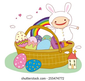 Easter bunny rabbit with Easter basket of decorated Easter eggs