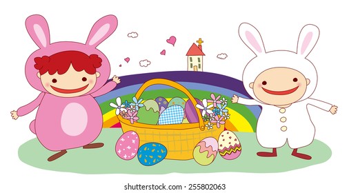 Easter bunny rabbit with Easter basket of decorated Easter eggs