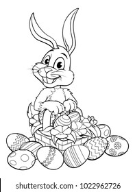 An Easter bunny rabbit with a basket of Easter eggs on a hunt