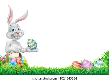 An Easter bunny rabbit and basket Easter eggs an egg hunt pointing and space for message design