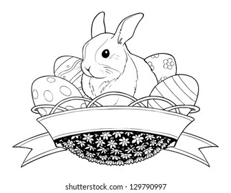 easter bunny rabbit in basket with eggs vector illustration isolated on white background. Vector Illustration.
