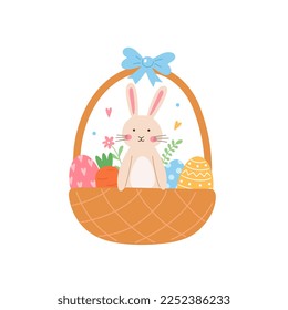 Easter bunny or rabbit in a basket with eggs. Cute vector flat cartoon illustration. Suitable for cards, posters, banners, invitations.