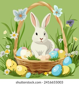 Easter bunny rabbit in basket with Easter eggs. Happy Easter banner. Concept of Easter egg hunt