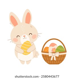 Easter bunny rabbit with basket of eggs. Flat vector isolated illustration