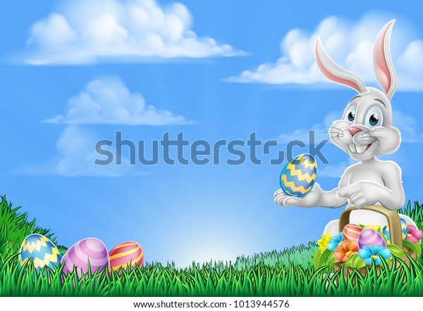 卵狩りの上にイースターの卵のかごを持つイースターウサギで メッセージ用のスペースがある のベクター画像素材 ロイヤリティフリー