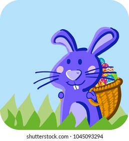 Easter bunny rabbit with Easter basket full of decorated Easter eggs