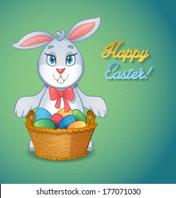Easter bunny rabbit with Easter basket full of decorated Easter eggs. Cute mascot for greeting your children