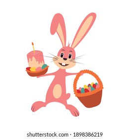 Easter bunny rabbit with Easter basket full of decorated Easter eggs.