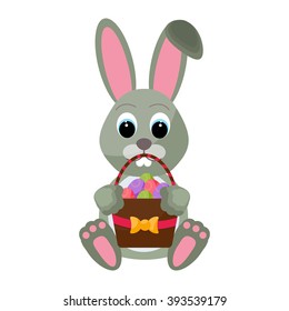 Easter bunny rabbit with Easter basket full of decorated Easter eggs. Rabbit with colored eggs flat vector illustration. Cartoon holiday celebration card with bunny.