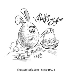 Easter bunny rabbit with Easter basket full of decorated Easter eggs, Hand Drawn Sketch Vector illustration.