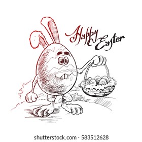 Easter bunny rabbit with Easter basket full of decorated Easter eggs, Hand Drawn Sketch Vector illustration.