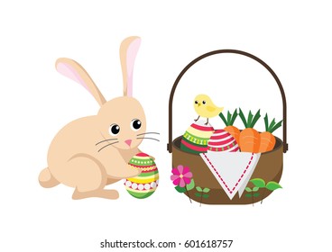 Easter bunny rabbit with Easter basket full of decorated Easter eggs