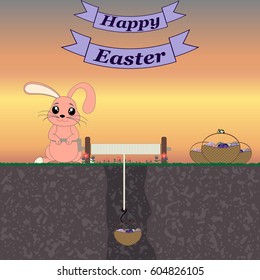 Easter bunny rabbit with Easter basket full of decorated Easter eggs