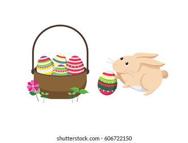Easter bunny rabbit with Easter basket full of decorated Easter eggs.