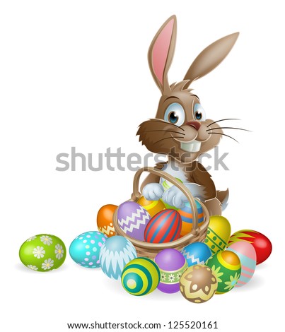 Easter bunny rabbit with Easter basket full of decorated Easter eggs