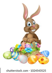 An Easter bunny rabbit with a basket on an Easter egg hunt