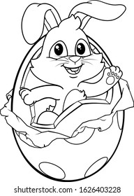 The Easter bunny rabbit breaking out of a chocolate egg in black and white. Could be used as a coloring book page.