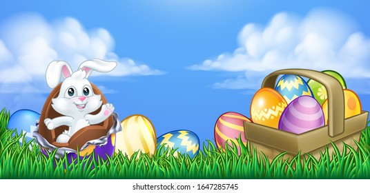 The Easter bunny rabbit breaking out of a chocolate Easter egg in an outdoor scene