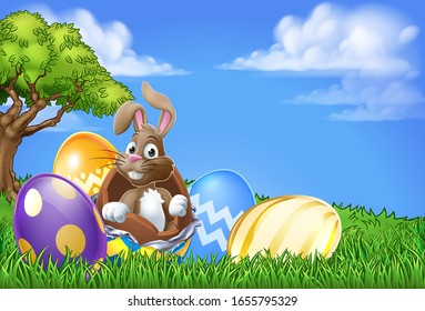 Easter bunny rabbit breaking out of a chocolate Easter egg background cartoon