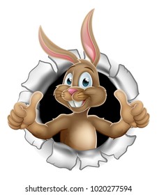 Easter bunny rabbit breaking through the background and giving a thumbs up cartoon