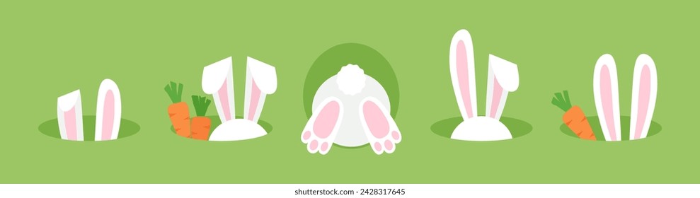 Easter bunny, rabbit butt and tail, ears. Animal in hole with carrot on green background. Funny vector illustration