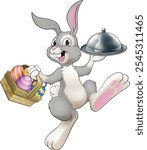An Easter bunny rabbit cartoon character, possibly the chef, serving or delivering food from a restaurant in a silver cloche tray plate or platter.
