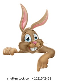 The Easter Bunny Rabbit Cartoon Character Pointing Down At A Sign 