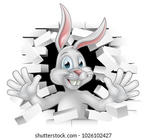 Easter bunny rabbit cartoon character breaking through a white background brick wall and waving
