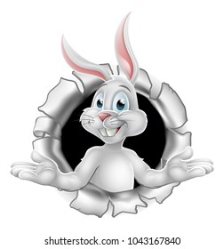 Easter bunny rabbit cartoon character breaking through background 