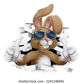 Easter bunny rabbit cartoon character in cool sunglasses or shades breaking through the background wall and giving a thumbs up