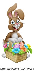 An Easter bunny rabbit cartoon character with a basket on an Easter egg hunt