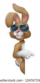 Easter bunny rabbit cartoon character in cool sunglasses or shades peeking around a sign and pointing at it