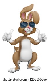 Easter bunny rabbit cartoon character in cool sunglasses or shades giving a thumbs up