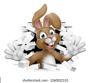 Easter bunny rabbit cartoon character breaking through the background wall
