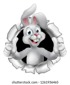 Easter bunny rabbit cartoon character breaking through the background and giving a thumbs up