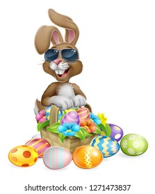 Easter bunny rabbit cartoon character in cool sunglasses or shades with a basket on an Easter egg hunt