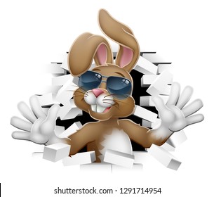 Easter bunny rabbit cartoon character in cool sunglasses or shades breaking through the background wall 