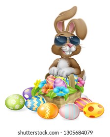 Easter bunny rabbit cartoon character in cool sunglasses or shades with a basket on an Easter egg hunt