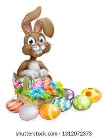 An Easter bunny rabbit cartoon character with a basket on an Easter egg hunt