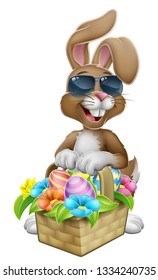 Easter bunny rabbit cartoon character in cool sunglasses or shades with a basket on an Easter egg hunt