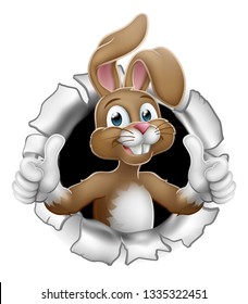 Easter bunny rabbit cartoon character breaking through the background and giving a thumbs up