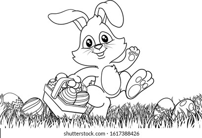 Easter bunny rabbit cartoon character holding a basket full of painted Easter eggs in a field of grass. In black and white outline.