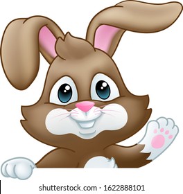 Easter bunny rabbit cartoon character peeking over a sign background and waving