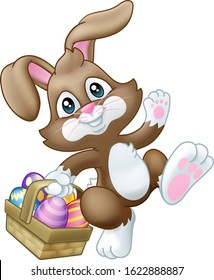 Easter bunny rabbit cartoon character holding a basket full of painted Easter eggs