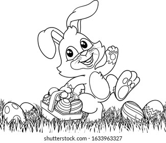 Easter Bunny Rabbit Cartoon Character Holding A Basket Full Of Painted Easter Eggs In A Field Of Grass. In Black And White Outline.